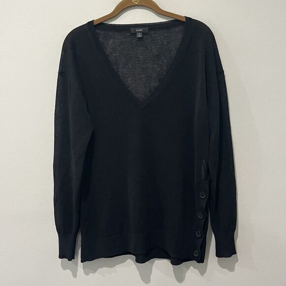 J.CREW Sweater Womens Medium Black Sheer Linen Blend V-Neck Side Buttons Preppy - Picture 1 of 8
